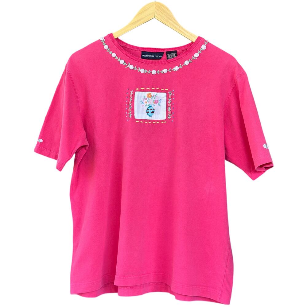 Vintage ‘90s Women’s L Streetwear Floral Embroidery Casual Short Sleeve T-Shirt